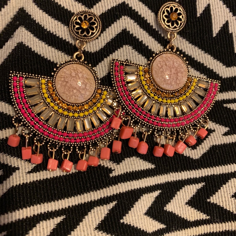 Pink coral dangle beaded agate earrings NEW